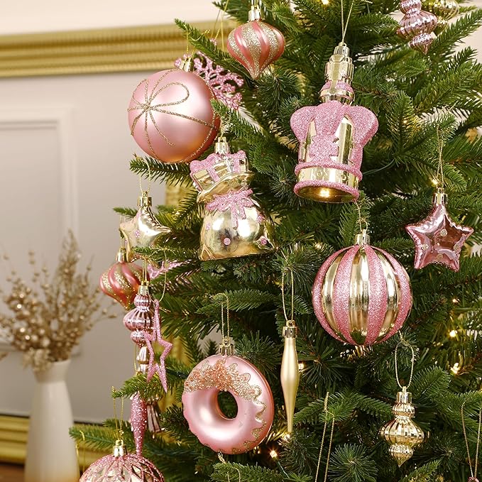 SHareconn 70pcs 2025 Classic Christmas Balls Ornaments Set, Shatterproof Plastic Baubles, Ribbon and Tree Topper for Xmas Tree Holiday Wedding Party Decorations with Hanging Strings, Pink and Gold