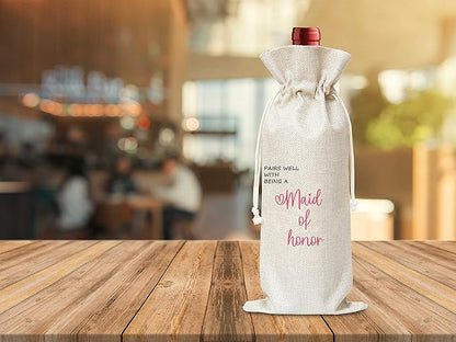 Maid Of Honor Gift Wine Bag,Gift For Wedding,Bridal Showr,Cotton linen Drawstring Wine Bag(1 Pcs) - WB016