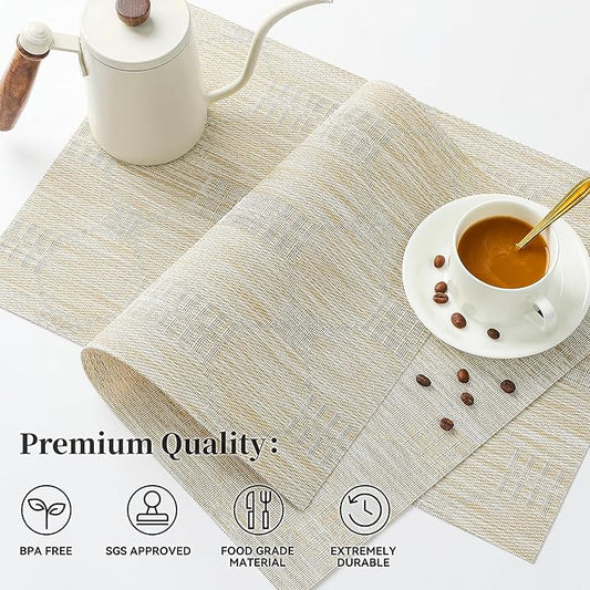 Leetaltree Wheat Placemats Set of 8 - Heat Resistant Non-Slip Place mats for Dining Table, Washable Durable PVC Vinyl Woven Table Mats（Wheat, 8）