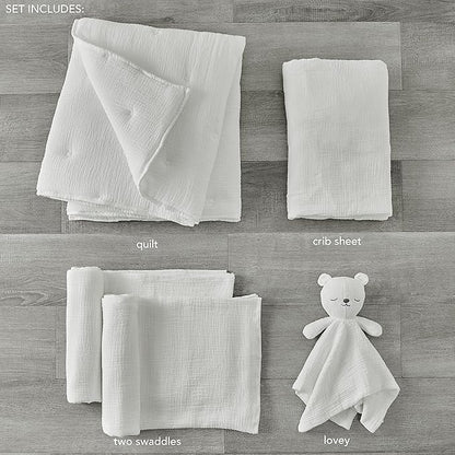 Levtex Baby - Cloud Muslin Crib Bed Set - Baby Nursery Set - White Stars - Textured Muslin - 5 Piece Set Includes Quilt, Fitted Sheet, Two Swaddles & Bear Lovey