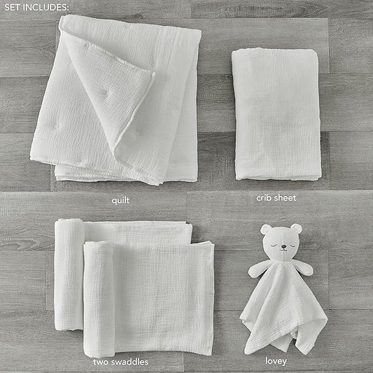 Levtex Baby - Cloud Muslin Crib Bed Set - Baby Nursery Set - White Stars - Textured Muslin - 5 Piece Set Includes Quilt, Fitted Sheet, Two Swaddles & Bear Lovey