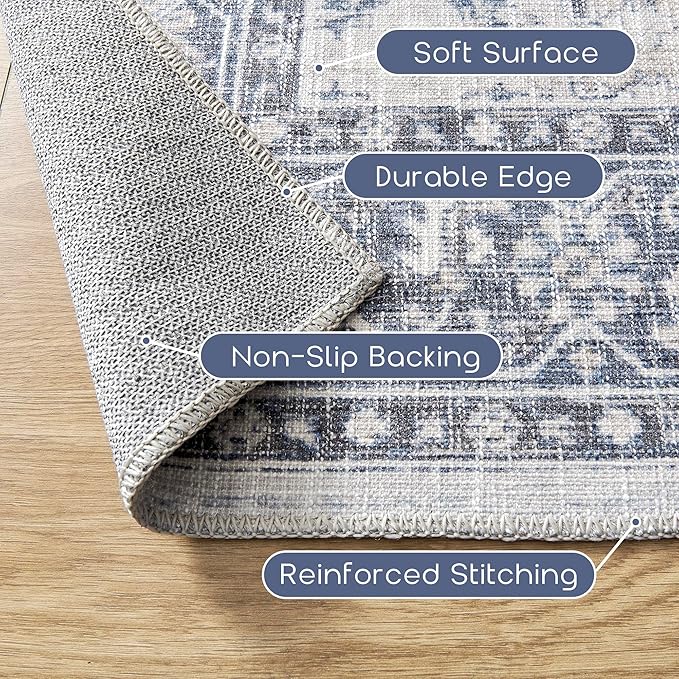 Boho Kitchen Rugs Washable - Non Slip Vintage Throw Area Rug 2x3 Thin Entryway Rugs Indoor,Front Door Mat Floor Doormat for Entry,Blue and Cream Beige