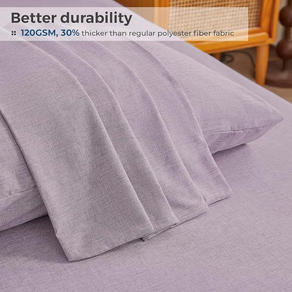 Queen Sheets Purple, Ultral Soft Cationic Linen Look Sheets, Luxury Cooling Cozy Bed Sheet Set with Non-Slip Fitted Sheet