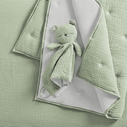 Levtex Baby - Cloud Muslin Crib Bed Set - Baby Nursery Set - Sage and White Stars - Sage Textured Muslin - 5 Piece Set Includes Quilt, Fitted Sheet, Two Swaddles & Bear Lovey