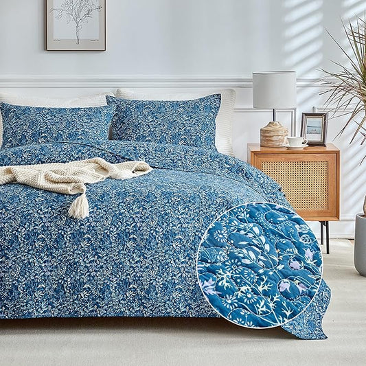 mixinni Navy Blue Quilt Set King Size, Garden Style Floral Bedding Set, 3-Piece Lightweight Quilted Bedspread Coverlet Set for All Season