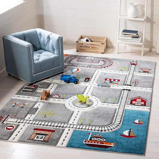 SAFAVIEH Carousel Kids Collection 6'7" Square Grey/Ivory CRK192F Neighborhood Road Non-Shedding Playroom Nursery Bedroom Area Rug