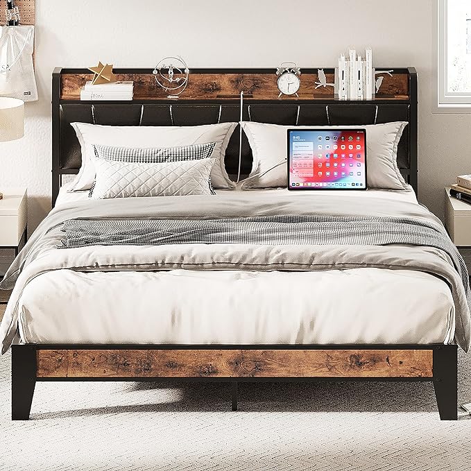 LIKIMIO Queen Bed Frame, Storage Headboard with Charging Station, Solid and Stable, Noise Free, No Box Spring Needed, Easy Assembly (Vintage and Black)