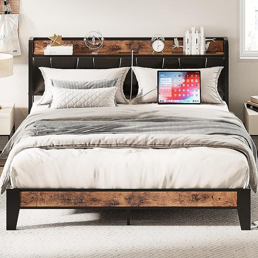 LIKIMIO Queen Bed Frame, Storage Headboard with Charging Station, Solid and Stable, Noise Free, No Box Spring Needed, Easy Assembly (Vintage and Black)