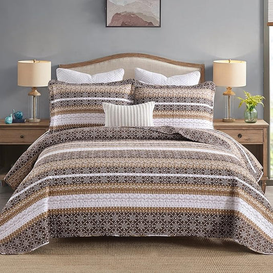 Homzard Brown Quilts Queen Size,Boho Cotton Comforter Set Queen Size,Brown White Snowflake Striped Quilted Bedspread Set,Bohemian Lightweight Comforter Bedding with 2 Pillow Shams