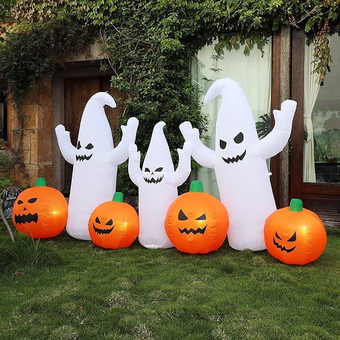 SAND MINE 8 FT Long Lighted Halloween Inflatable Ghosts with Pumpkins, Halloween Blow Up Decorations for Halloween Indoor Outdoor Garden Lawn Party Yard Decorations