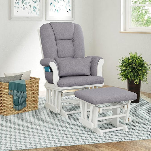 Storkcraft Tuscany Custom Glider and Ottoman with Free Lumbar Pillow (White/Slate Gray Swirl) - Cleanable Upholstered Comfort Rocking Nursery Chair with Ottoman