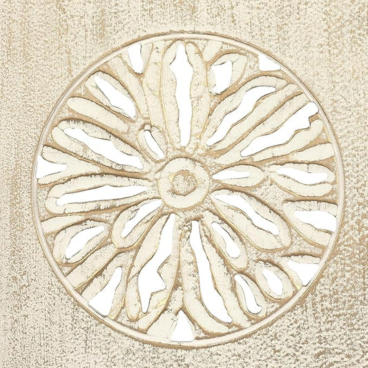 Deco 79 Wood Floral Handmade Home Wall Decor Distressed Intricately Carved Wall Sculpture with Gold Detailing, Wall Art 12" x 1" x 36", Cream