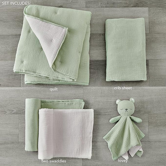 Levtex Baby - Cloud Muslin Crib Bed Set - Baby Nursery Set - Sage and White Stars - Sage Textured Muslin - 5 Piece Set Includes Quilt, Fitted Sheet, Two Swaddles & Bear Lovey