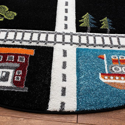 SAFAVIEH Carousel Kids Collection 5'3" Round Black/Ivory CRK192Z Neighborhood Non-Shedding Playroom Nursery Bedroom Area Rug