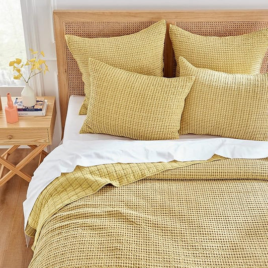 Levtex Home Mills Waffle Full/Queen Quilt Set (88x92in) with 2 Pillow Shams (26x20in) - Ochre - Cotton Waffle Full/Queen Size Quilt Bedding Set - Lightweight, Soft, Pre-Washed
