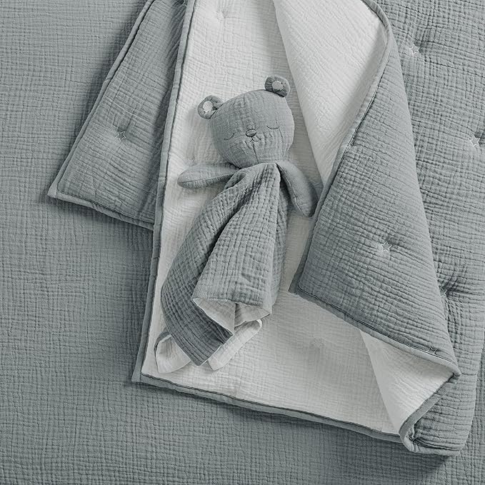 Levtex Baby - Cloud Muslin Crib Bed Set - Baby Nursery Set - Grey and White Stars - Grey Textured Muslin - 5 Piece Set Includes Quilt, Fitted Sheet, Two Swaddles & Bear Lovey