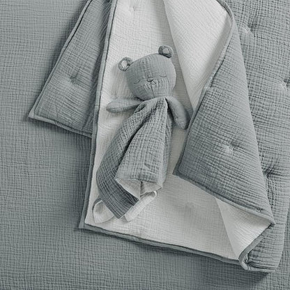Levtex Baby - Cloud Muslin Crib Bed Set - Baby Nursery Set - Grey and White Stars - Grey Textured Muslin - 5 Piece Set Includes Quilt, Fitted Sheet, Two Swaddles & Bear Lovey