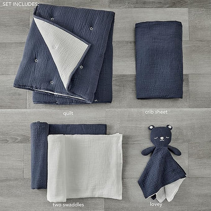 Levtex Baby - Cloud Muslin Crib Bed Set - Baby Nursery Set - Navy and White Stars - Navy Textured Muslin - 5 Piece Set Includes Quilt, Fitted Sheet, Two Swaddles & Bear Lovey