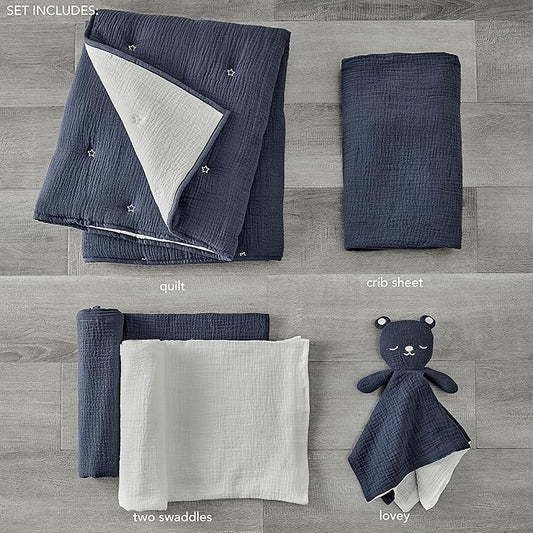 Levtex Baby - Cloud Muslin Crib Bed Set - Baby Nursery Set - Navy and White Stars - Navy Textured Muslin - 5 Piece Set Includes Quilt, Fitted Sheet, Two Swaddles & Bear Lovey