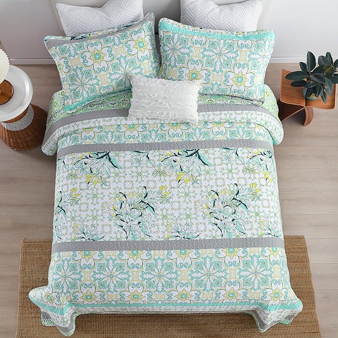 Homzard Sage Green Quilt King Size, Green Floral Quilt King，Cotton Comforter Set (106 * 98 Inches)