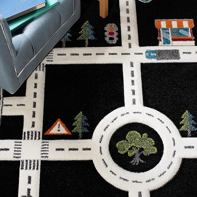 SAFAVIEH Carousel Kids Collection Accent Rug - 4' x 6', Black & Ivory, Non-Shedding & Easy Care, Ideal for High Traffic Areas for Boys & Girls in Playroom, Nursery, Bedroom (CRK192Z)