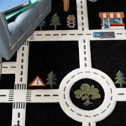 SAFAVIEH Carousel Kids Collection Accent Rug - 4' x 6', Black & Ivory, Non-Shedding & Easy Care, Ideal for High Traffic Areas for Boys & Girls in Playroom, Nursery, Bedroom (CRK192Z)