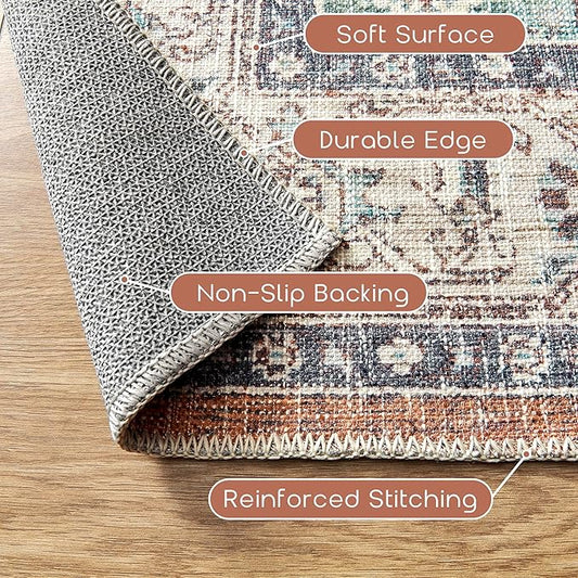 Washable Entryway Rugs Indoor,3x5 Area Rug Non Slip Bohemian Vintage Throw Rugs Thin Front Door Mat Entrance Doormat,Terracotta Rust Burnt Orange and Turquoise