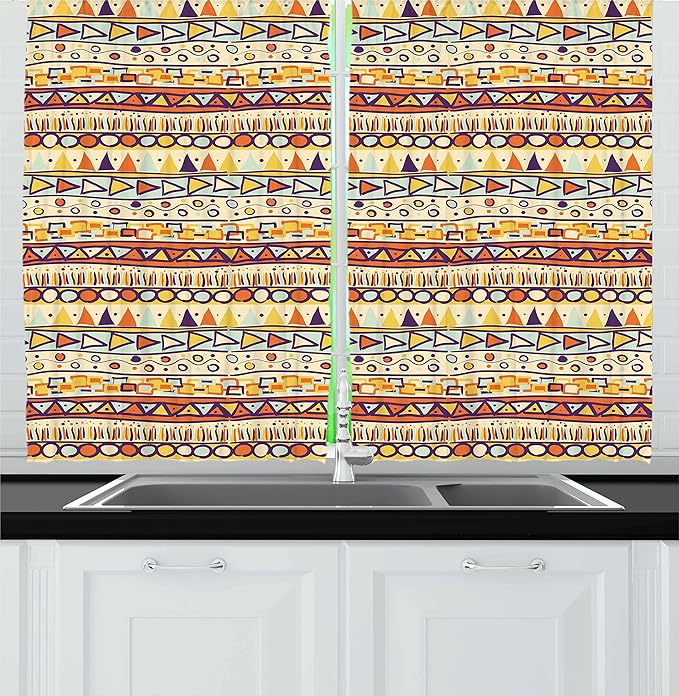 Ambesonne Prehistoric Kitchen Curtains, Mexican Style Doodles with Triangles Circles Folkloric Geometric Tribal, Window Drapes 2 Panel Set for Kitchen Cafe Decor, 55" x 24", Pastel Yellow