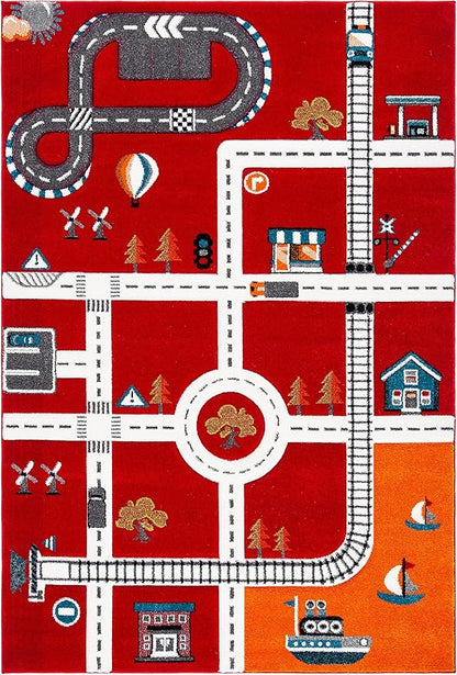 SAFAVIEH Carousel Kids Collection Area Rug - 5'3" x 7'6", Red & Ivory, Non-Shedding & Easy Care, Ideal for High Traffic Areas for Boys & Girls in Playroom, Nursery, Bedroom (CRK192Q)