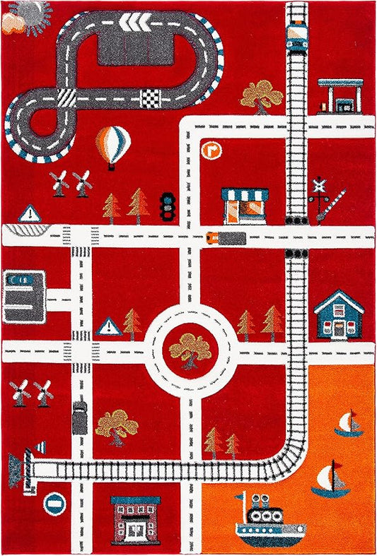 SAFAVIEH Carousel Kids Collection Area Rug - 6'7" x 9', Red & Ivory, Neighborhood Design, Non-Shedding & Easy Care, Ideal for High Traffic Areas for Boys & Girls in Playroom, Bedroom (CRK192Q)