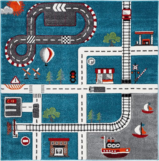 SAFAVIEH Carousel Kids Collection 6'7" Square Turquoise/Ivory CRK192K Neighborhood Road Non-Shedding Playroom Nursery Bedroom Area Rug