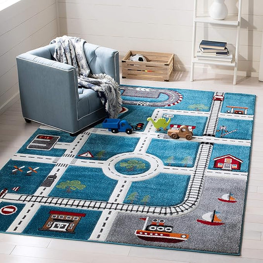SAFAVIEH Carousel Kids Collection 6'7" Square Turquoise/Ivory CRK192K Neighborhood Road Non-Shedding Playroom Nursery Bedroom Area Rug