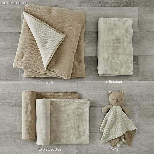 Levtex Baby - Cloud Muslin Crib Bed Set - Baby Nursery Set - Cacao and Beige Stars - Grey Textured Muslin - 5 Piece Set Includes Quilt, Fitted Sheet, Two Swaddles & Bear Lovey