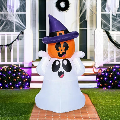 Joiedomi 5 FT Tall Halloween Inflatable Outdoor Decor, Blow Up Yard Decoration Ghost with Colorful LEDs, Inflatable Ghost with Pumpkin Witch Hat for Halloween Outdoor Decoration