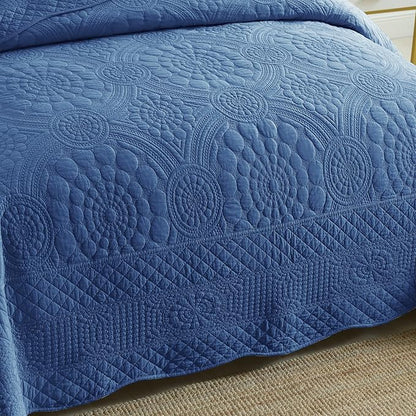 MarCielo 3-Piece 100% Cotton Oversized Bedspread Lightweight Quilt Coverlet Embroidery Farmhouse Bedding Set (Tf Midtone Blue, Oversized Queen (100"x106"))