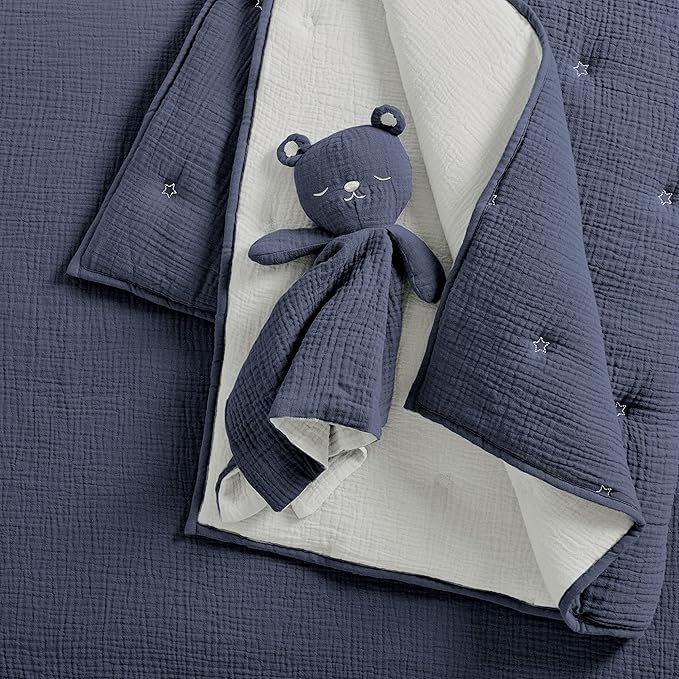 Levtex Baby - Cloud Muslin Crib Bed Set - Baby Nursery Set - Navy and White Stars - Navy Textured Muslin - 5 Piece Set Includes Quilt, Fitted Sheet, Two Swaddles & Bear Lovey