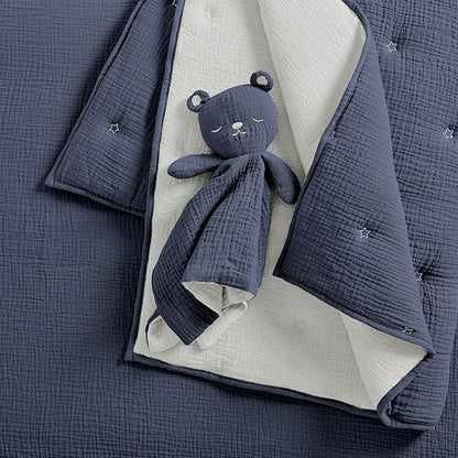 Levtex Baby - Cloud Muslin Crib Bed Set - Baby Nursery Set - Navy and White Stars - Navy Textured Muslin - 5 Piece Set Includes Quilt, Fitted Sheet, Two Swaddles & Bear Lovey