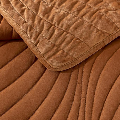 HoneiLife Velvet Quilts Queen Size - Lightweight Bedspreads 3-Pieces, Solid Coverlets Queen Quilt Bedding Sets, Wavy Quilt Sets for All Season Use-Camel