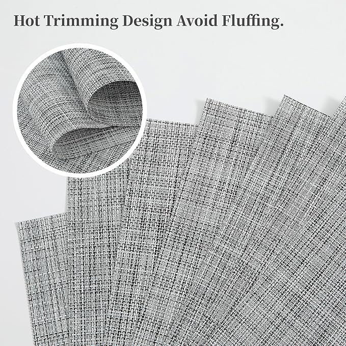 Leetaltree Linen Grey Placemats Set of 6 - Heat Resistant Non-Slip Place mats for Dining Table, Washable Durable PVC Vinyl Woven Table Mats（Linen Grey, 6）