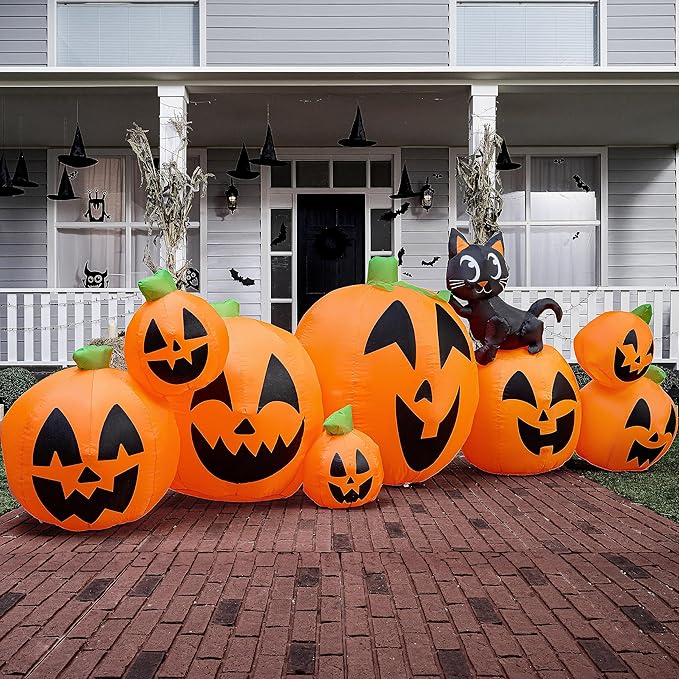 Joiedomi 10 FT Long Halloween Inflatables Outdoor Decorations, Blow Ups Inflatable Pumpkin for Yard with Witch's Cat, 8 Pcs Blow Up Pumpkin Decor for Halloween Decorations Outside