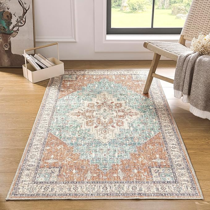 Washable Entryway Rugs Indoor,3x5 Area Rug Non Slip Bohemian Vintage Throw Rugs Thin Front Door Mat Entrance Doormat,Terracotta Rust Burnt Orange and Turquoise