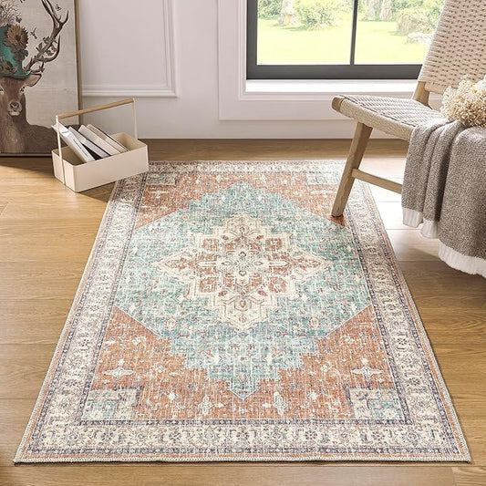Washable Entryway Rugs Indoor,3x5 Area Rug Non Slip Bohemian Vintage Throw Rugs Thin Front Door Mat Entrance Doormat,Terracotta Rust Burnt Orange and Turquoise
