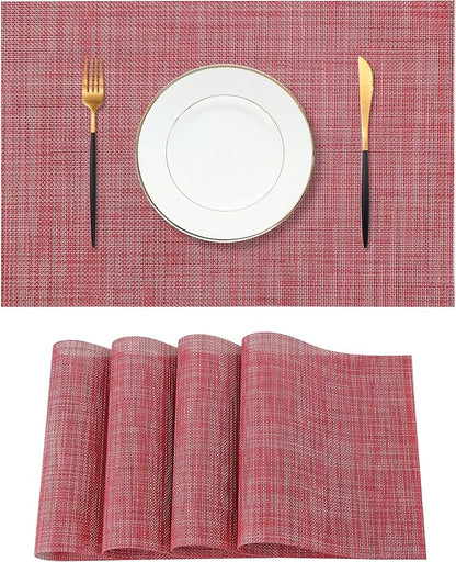 Leetaltree Red Placemats Set of 4 - Heat Resistant Non-Slip Place mats for Dining Table, Washable Durable PVC Vinyl Woven Table Mats（Red, 4）