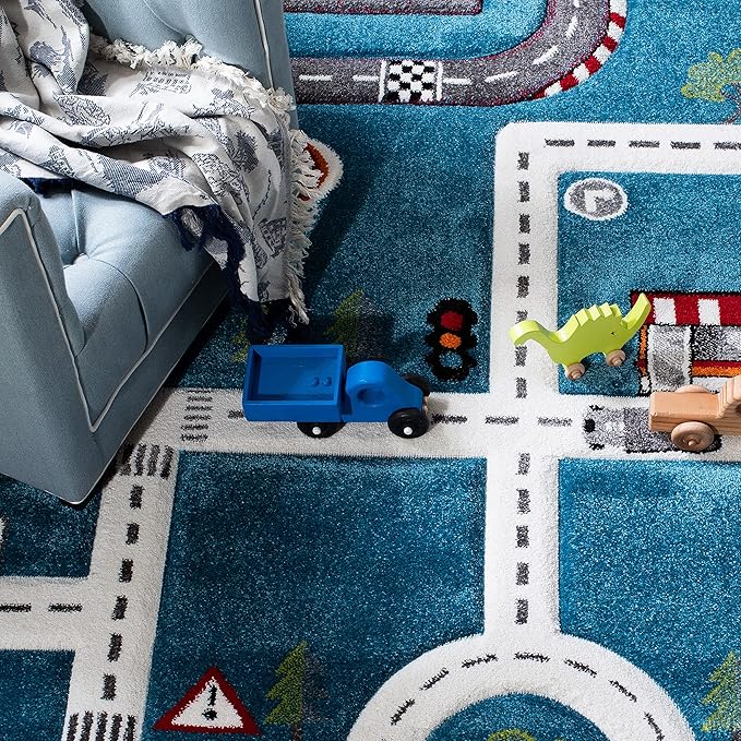 Safavieh Carousel Kids Collection 5'3" Square Turquoise/Ivory CRK192K Neighborhood Non-Shedding Nursery Playroom Area Rug