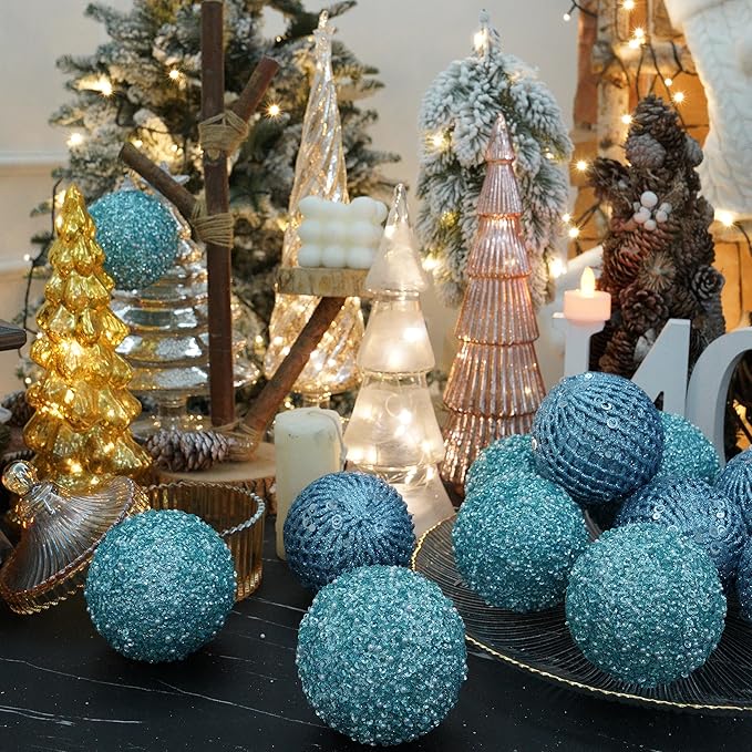 6pcs 3.94" Christmas Ball Ornaments Glitter Shatterproof Christmas Tree Ornaments Sequin Xmas Hanging Balls Decorations for Wedding Party Holiday(Light Blue)